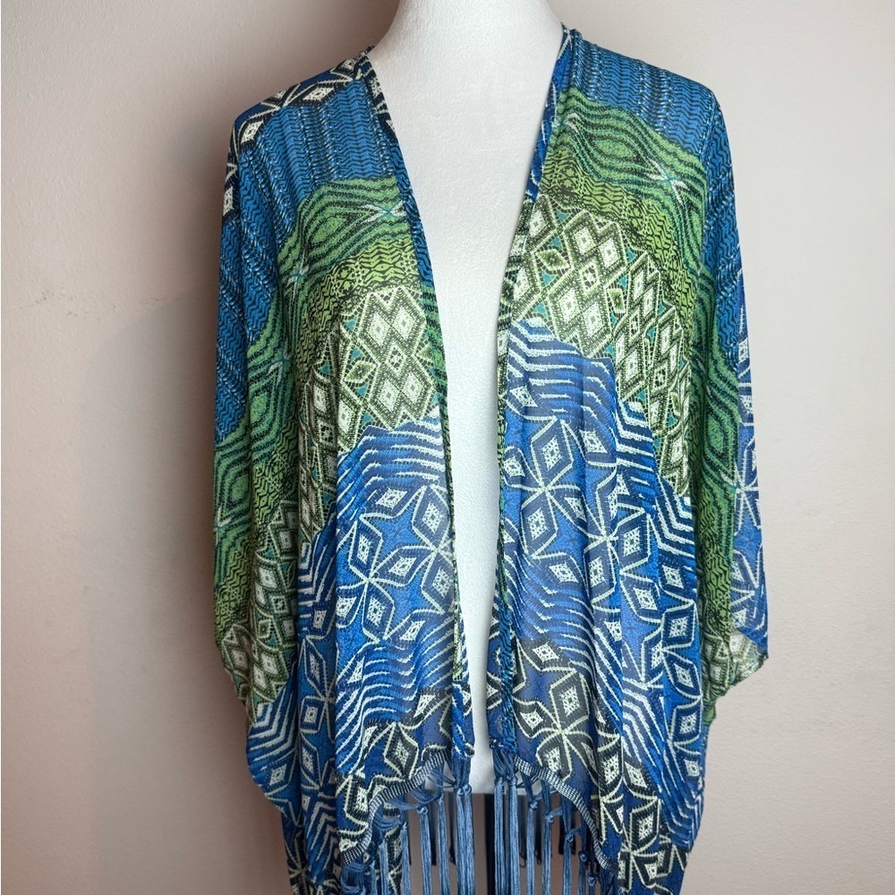 JM Collection Kimono Cardigan One Size Boho Fringe Open Front Blue Green